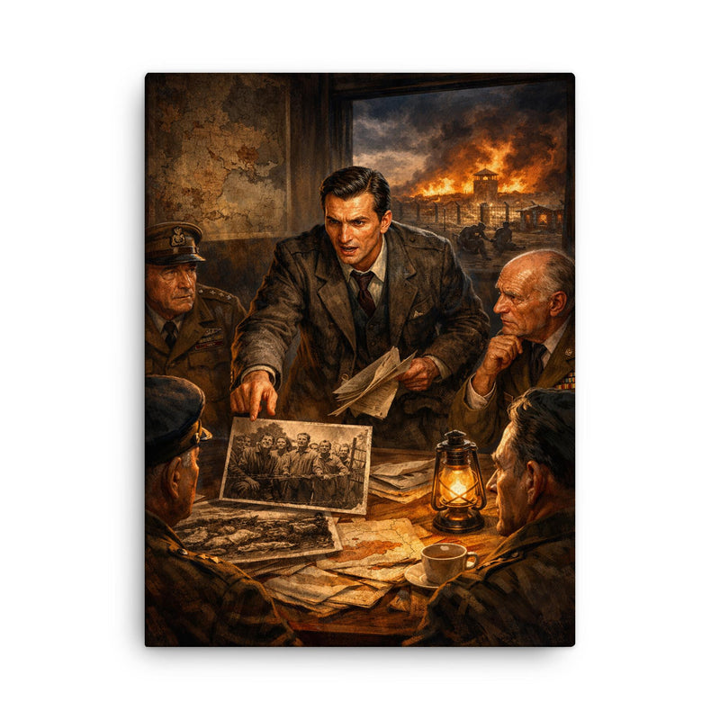 Jan Karski reporting the Holocaust to Allies canvas print on a plain backdrop in size 18