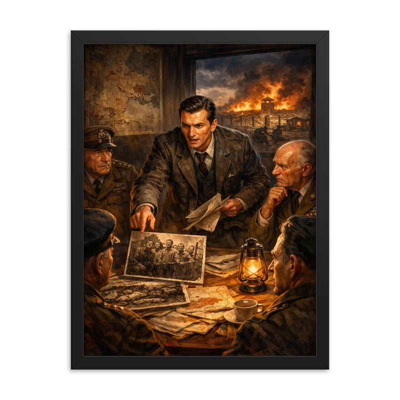 Jan Karski reporting the Holocaust to Allies framed print on a plain backdrop in size 18