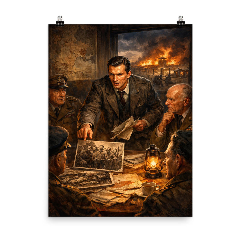 Jan Karski reporting the Holocaust to Allies poster on a plain backdrop in size 8