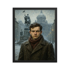 Jan Palach in Wenceslas Square winter framed print on a plain backdrop in size 16"x20".