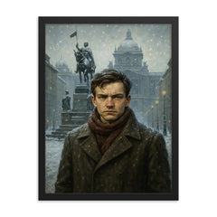 Jan Palach in Wenceslas Square winter framed print on a plain backdrop in size 18"x24".