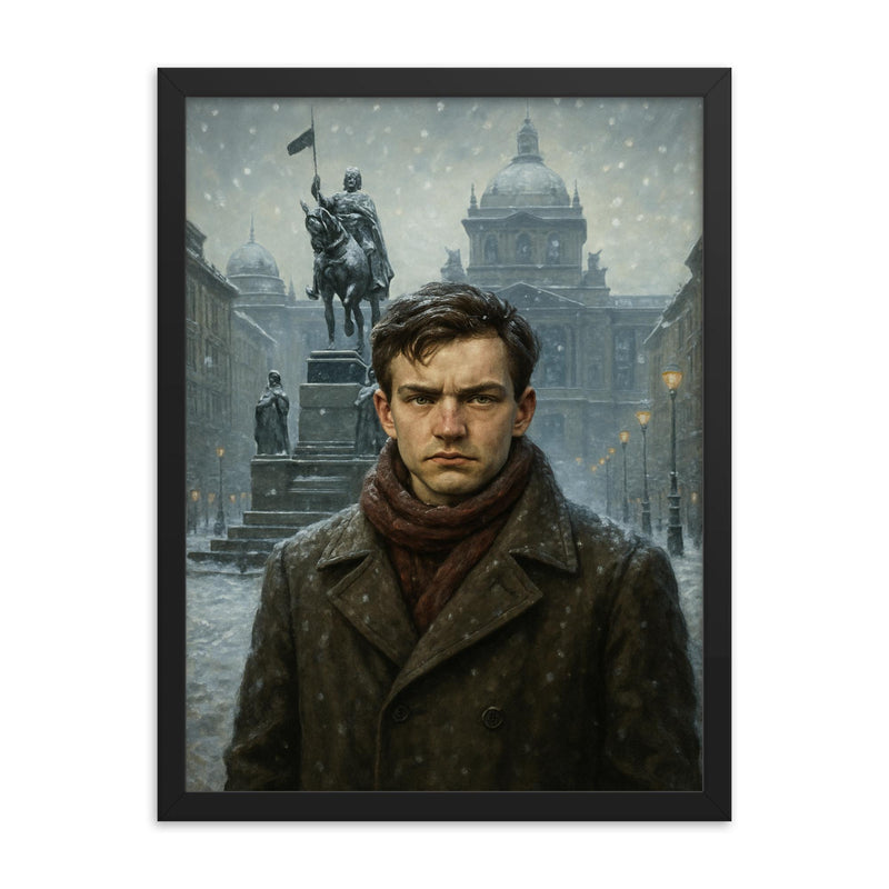 Jan Palach in Wenceslas Square winter framed print on a plain backdrop in size 18