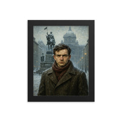 Jan Palach in Wenceslas Square winter framed print on a plain backdrop in size 8"x10".