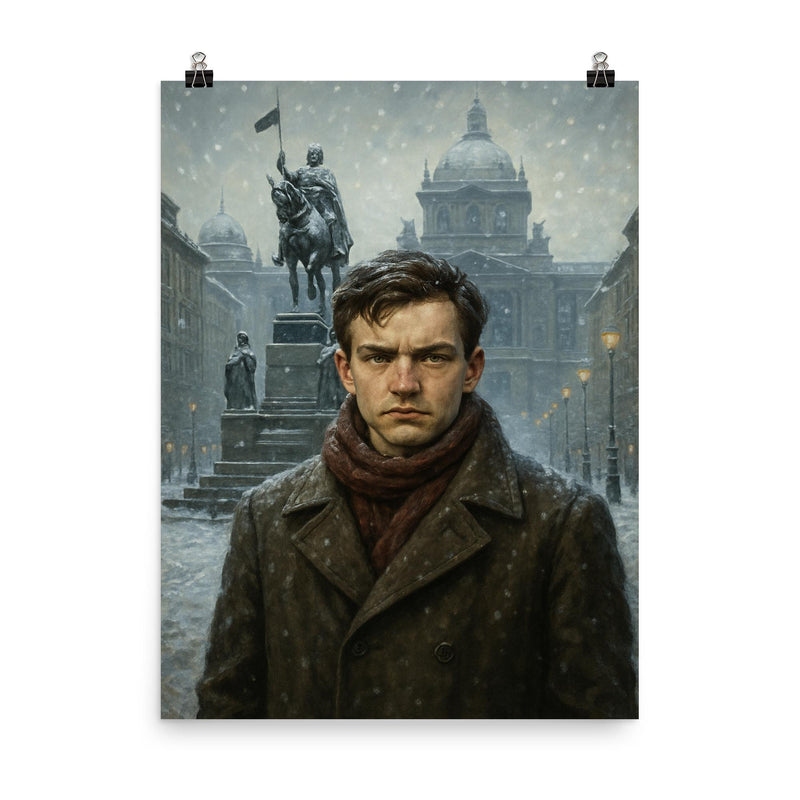 Jan Palach in Wenceslas Square winter poster on a plain backdrop in size 8