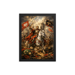 Jan Sobieski after Vienna beneath winged banners framed print on a plain backdrop in size 12"x16".