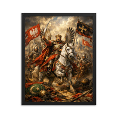 Jan Sobieski after Vienna beneath winged banners framed print on a plain backdrop in size 16"x20".