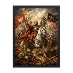 Jan Sobieski after Vienna beneath winged banners framed print on a plain backdrop in size 18"x24".