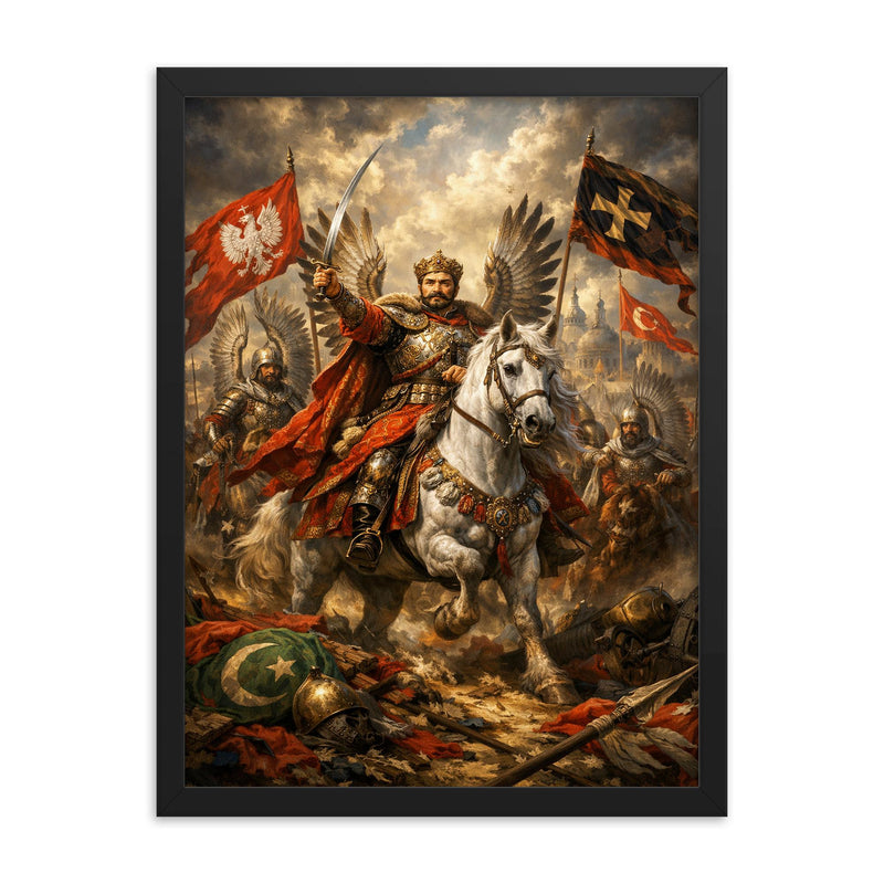 Jan Sobieski after Vienna beneath winged banners framed print on a plain backdrop in size 18