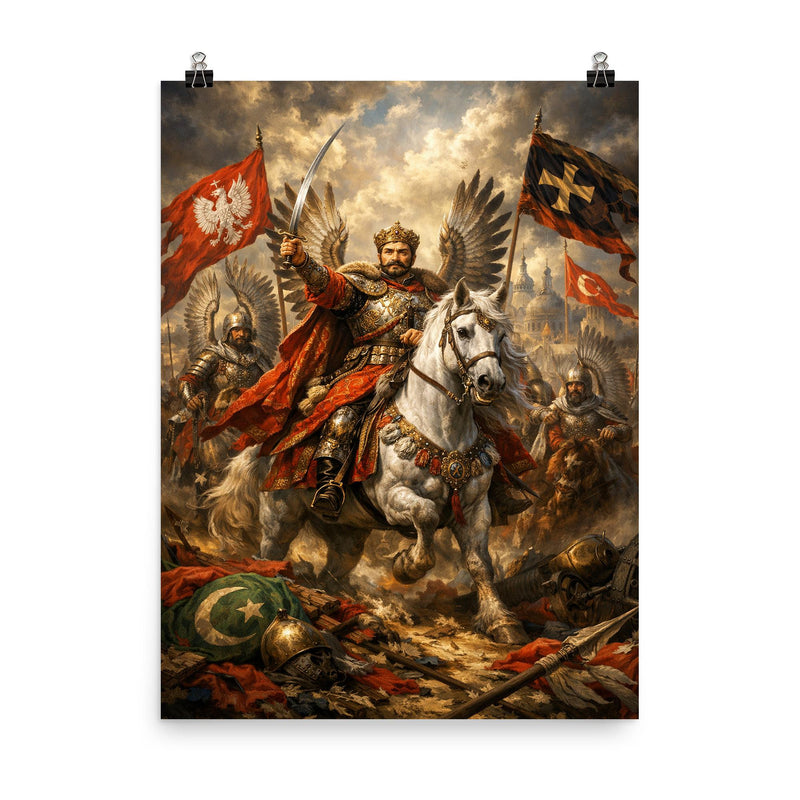 Jan Sobieski after Vienna beneath winged banners poster on a plain backdrop in size 8