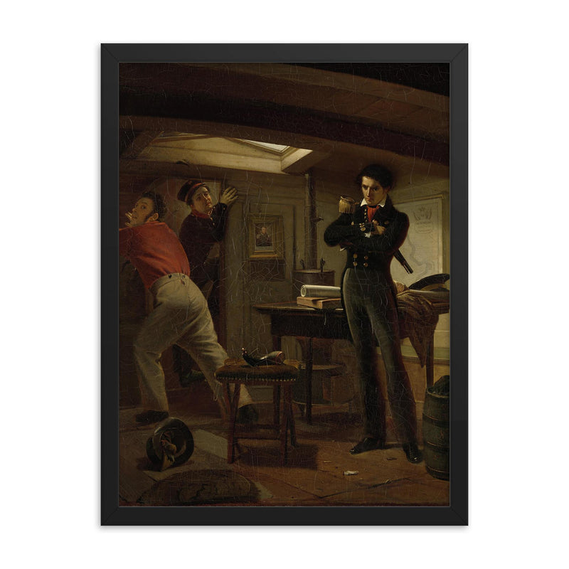Jan van Speijk Debating Whether to Set Fire to the Gunpowder by Jacobus Schoemaker Doyer, 1834 framed print on a plain backdrop in size 18