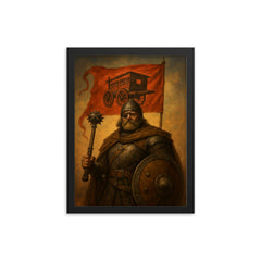 Jan Žižka beneath the war wagon banner framed print on a plain backdrop in size 12"x16".
