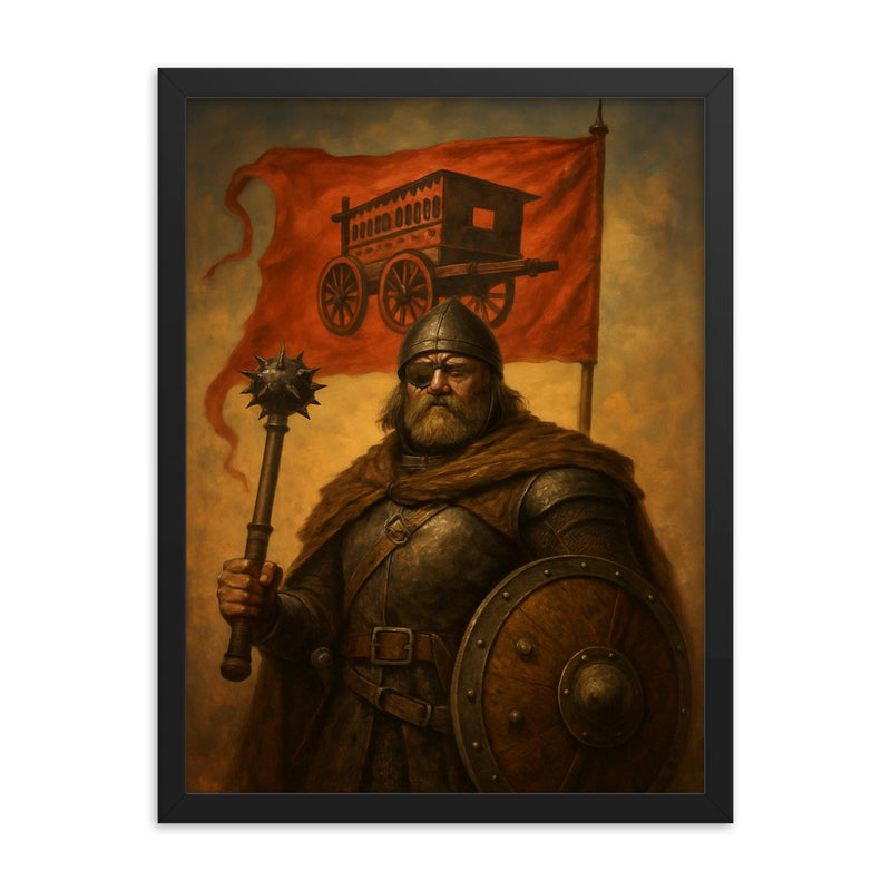 Jan Žižka beneath the war wagon banner framed print on a plain backdrop in size 18