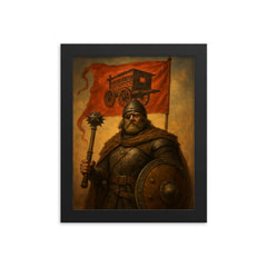 Jan Žižka beneath the war wagon banner framed print on a plain backdrop in size 8"x10".