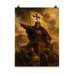 Jan Žižka commanding Hussite wagons through smoke poster on a plain backdrop in size 8"x10".