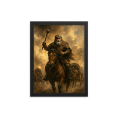 Jan Žižka leading Hussite war wagons through cannon smoke framed print on a plain backdrop in size 12"x16".