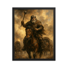 Jan Žižka leading Hussite war wagons through cannon smoke framed print on a plain backdrop in size 16"x20".