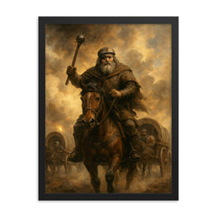 Jan Žižka leading Hussite war wagons through cannon smoke framed print on a plain backdrop in size 18"x24".