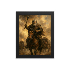 Jan Žižka leading Hussite war wagons through cannon smoke framed print on a plain backdrop in size 8"x10".