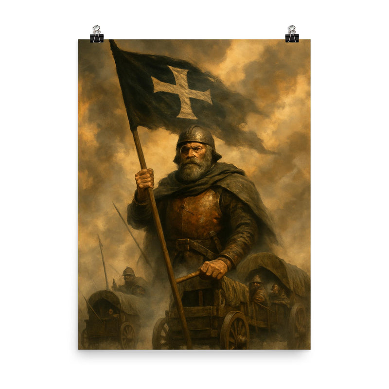 Jan Žižka leading war wagons through smoke poster on a plain backdrop in size 8