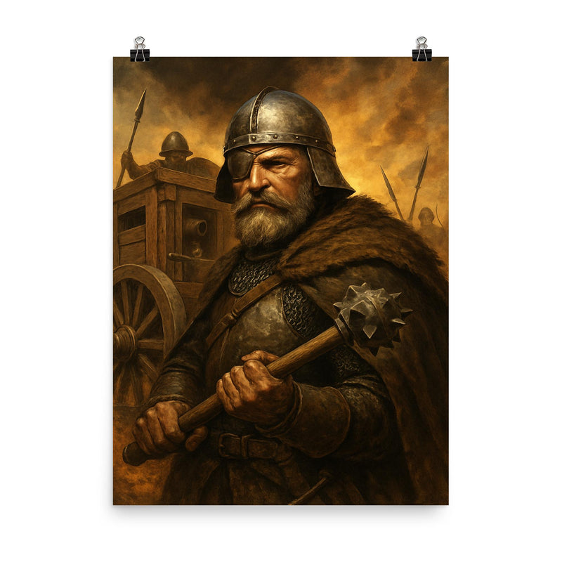 Jan Žižka one eyed war wagon commander poster on a plain backdrop in size 8
