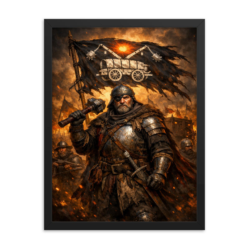 Jan Zizka beneath the war wagon banner framed print on a plain backdrop in size 18