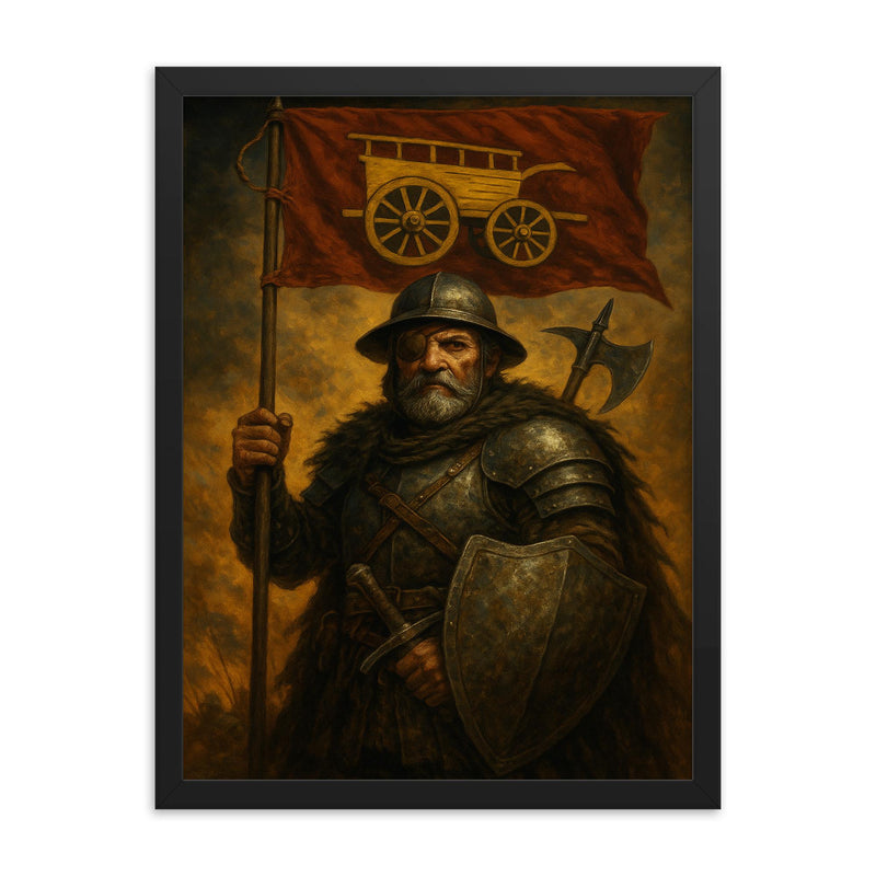 Jan Zizka beneath the war wagon banner framed print on a plain backdrop in size 18