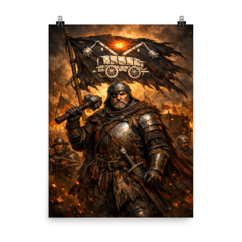 Jan Zizka beneath the war wagon banner poster on a plain backdrop in size 8