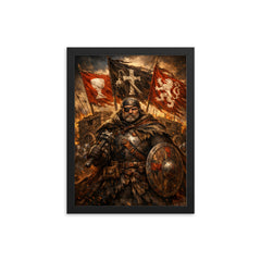 Jan Zizka beneath war wagon banners framed print on a plain backdrop in size 12"x16".