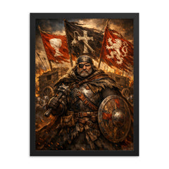 Jan Zizka beneath war wagon banners framed print on a plain backdrop in size 18"x24".