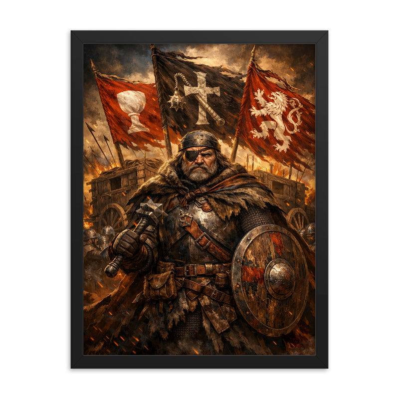 Jan Zizka beneath war wagon banners framed print on a plain backdrop in size 18