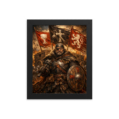 Jan Zizka beneath war wagon banners framed print on a plain backdrop in size 8"x10".