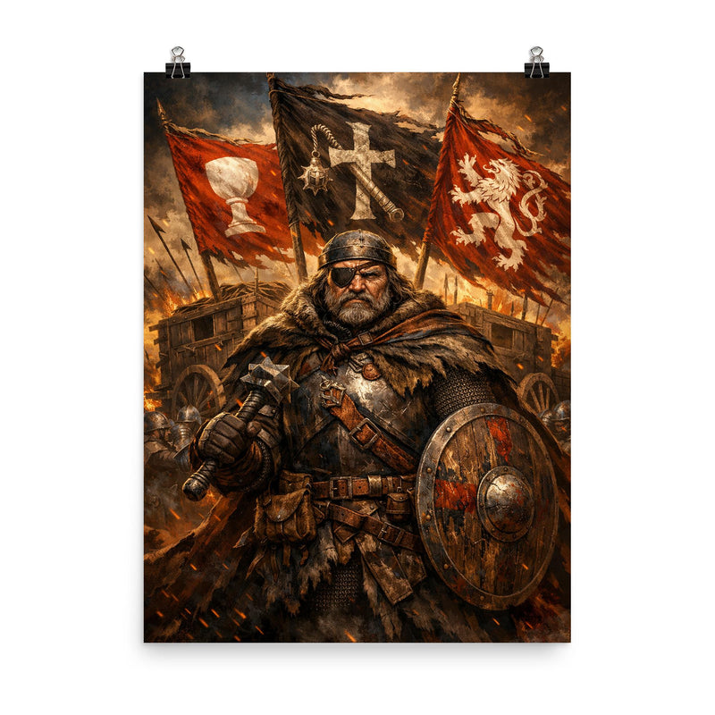 Jan Zizka beneath war wagon banners poster on a plain backdrop in size 8
