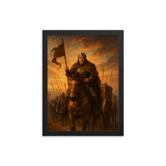 Jan Zizka leading Hussite war wagons at dawn framed print on a plain backdrop in size 12"x16".