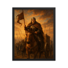 Jan Zizka leading Hussite war wagons at dawn framed print on a plain backdrop in size 16"x20".