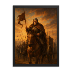 Jan Zizka leading Hussite war wagons at dawn framed print on a plain backdrop in size 18"x24".