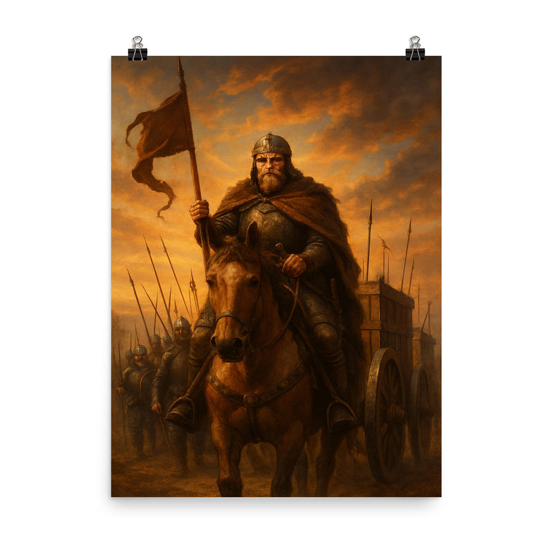 Jan Zizka leading Hussite war wagons at dawn poster on a plain backdrop in size 8