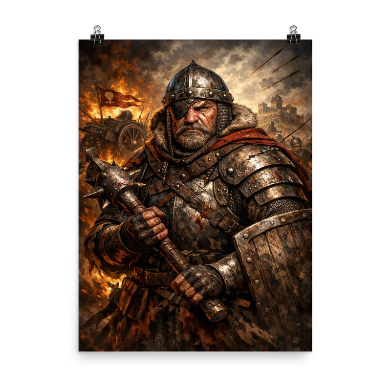 Jan Zizka one eyed Hussite war commander poster on a plain backdrop in size 8