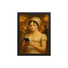 Jane Austen at a Regency era ball secretly looking at her smartphone framed print on a plain backdrop in size 12"x16".
