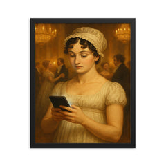 Jane Austen at a Regency era ball secretly looking at her smartphone framed print on a plain backdrop in size 16"x20".