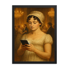 Jane Austen at a Regency era ball secretly looking at her smartphone framed print on a plain backdrop in size 18"x24".