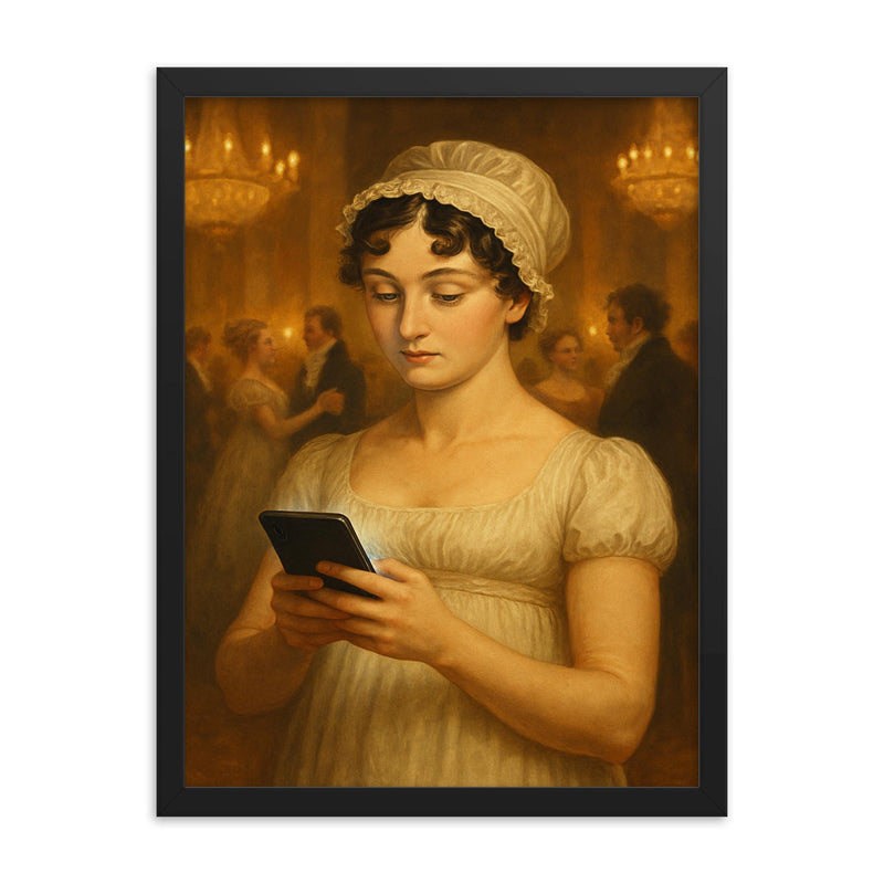 Jane Austen at a Regency era ball secretly looking at her smartphone framed print on a plain backdrop in size 18