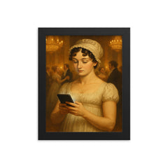Jane Austen at a Regency era ball secretly looking at her smartphone framed print on a plain backdrop in size 8"x10".