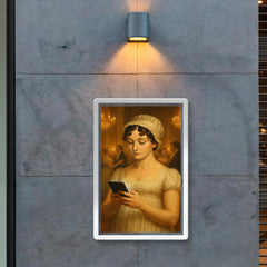 Jane Austen at a Regency era ball secretly looking at her smartphone poster 2