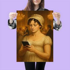 Jane Austen at a Regency era ball secretly looking at her smartphone poster 3