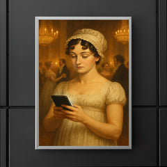 Jane Austen at a Regency era ball secretly looking at her smartphone poster 5
