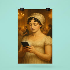 Jane Austen at a Regency era ball secretly looking at her smartphone poster 6