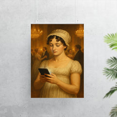 Jane Austen at a Regency era ball secretly looking at her smartphone poster 7