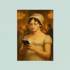 Jane Austen at a Regency era ball secretly looking at her smartphone poster 8