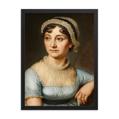Jane Austen portrait framed print on a plain backdrop in size 18"x24".