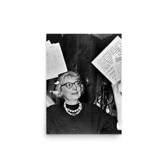 Jane Jacobs poster on a plain backdrop in size 12"x16".